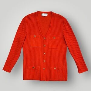 St. John Collection Cardigan 14 Red Santana Knit Gold Buttons Old Money designer